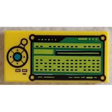 yellow tile 1 x 2 with control panel with dark turquoise button black directional pad bright green and lime screen with rectangles pattern