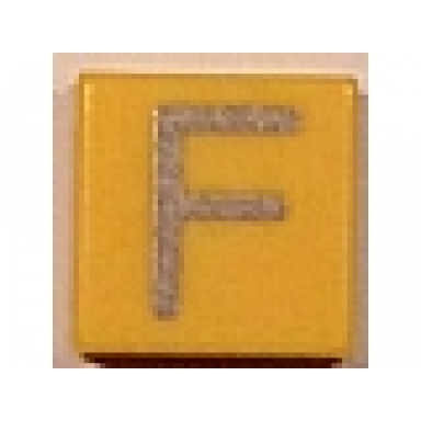 yellow tile 1 x 1 with silver capital letter f pattern