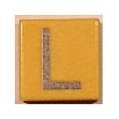 yellow tile 1 x 1 with silver capital letter l pattern