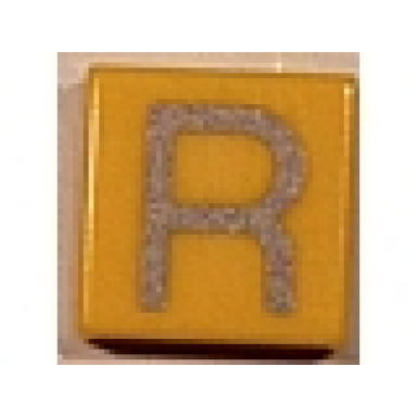 yellow tile 1 x 1 with silver capital letter r pattern