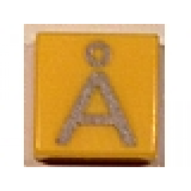 yellow tile 1 x 1 with silver capital letter a with ring å pattern