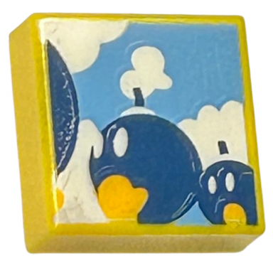 yellow tile 1 x 1 with dark blue walking bombs and white clouds on medium blue background pattern super mario bob-omb battlefield