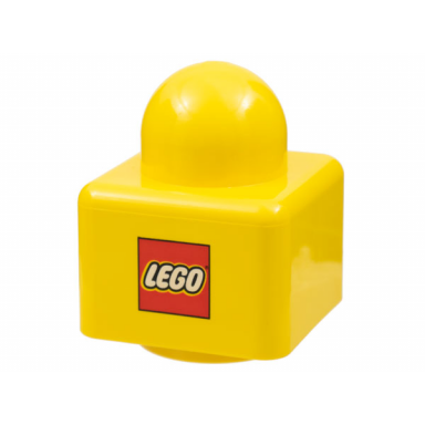 yellow primo brick 1 x 1 with lego logo pattern on opposite sides