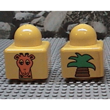 yellow primo brick 1 x 1 with giraffe head and top of palm tree pattern on opposite sides
