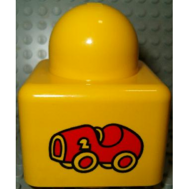 yellow primo brick 1 x 1 with red roadster car pattern