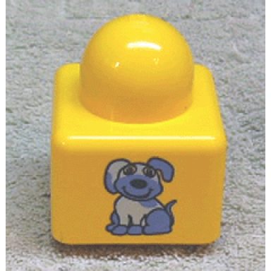 yellow primo brick 1 x 1 with dog pattern and rabbit on opposite sides pattern