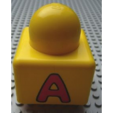 yellow primo brick 1 x 1 with capital letter a and horse head pattern on opposite sides