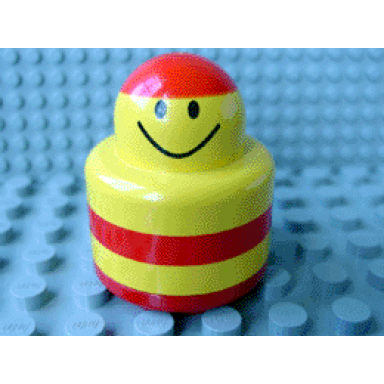 yellow primo brick round rattle 1 x 1 with stripes red and smiley face pattern