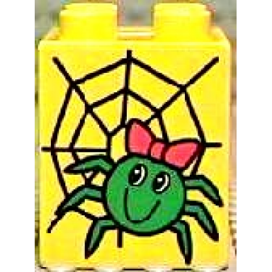yellow duplo brick 2 x 2 x 2 with green spider with red bow on web pattern