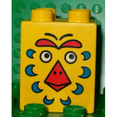 yellow duplo brick 2 x 2 x 2 with bird face pattern