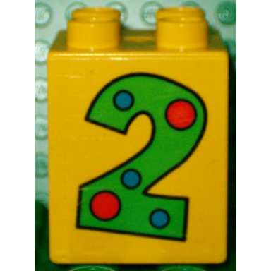 yellow duplo brick 2 x 2 x 2 with number 2 with polka dots pattern