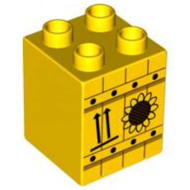 yellow duplo brick 2 x 2 x 2 with sunflower and two arrows pattern