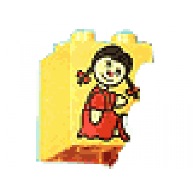 yellow duplo brick 2 x 2 x 2 with red doll pattern