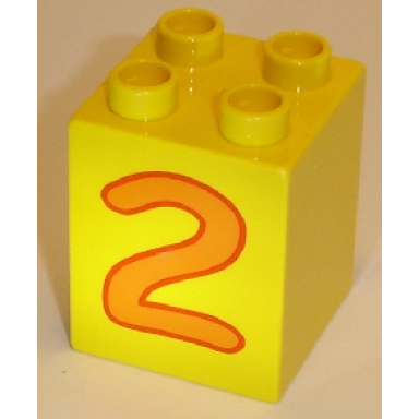 yellow duplo brick 2 x 2 x 2 with number 2 orange pattern
