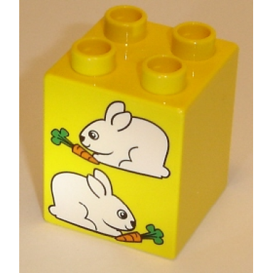 yellow duplo brick 2 x 2 x 2 with two rabbits pattern