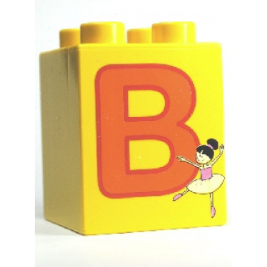yellow duplo brick 2 x 2 x 2 with letter b and ballerina pattern
