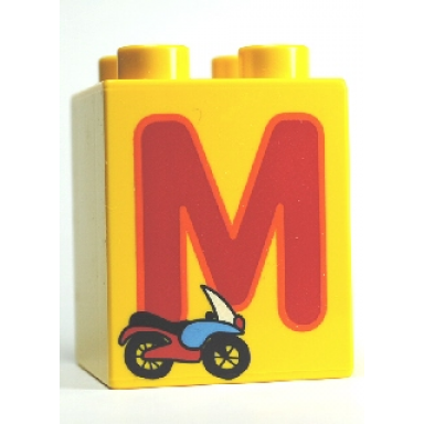 yellow duplo brick 2 x 2 x 2 with letter m and motorcycle pattern