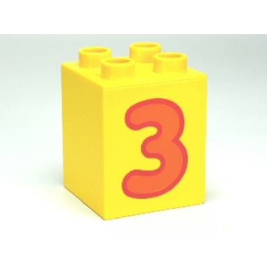 yellow duplo brick 2 x 2 x 2 with number 3 orange pattern