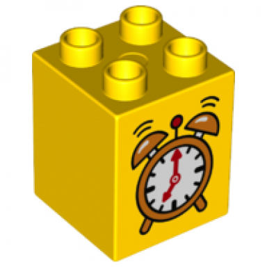 yellow duplo brick 2 x 2 x 2 with alarm clock pattern