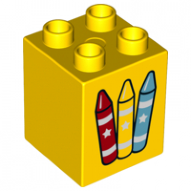 yellow duplo brick 2 x 2 x 2 with crayons pattern