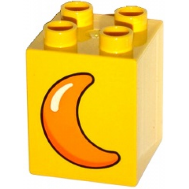 yellow duplo brick 2 x 2 x 2 with orange moon crescent pattern
