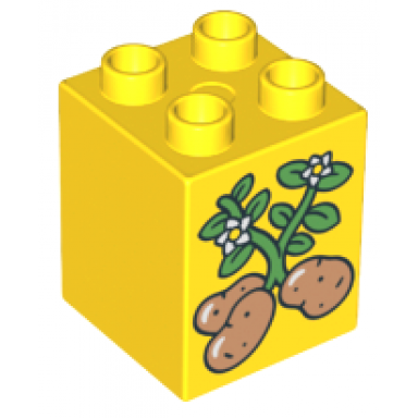 yellow duplo brick 2 x 2 x 2 with three potatoes with vines and flowers pattern 10819