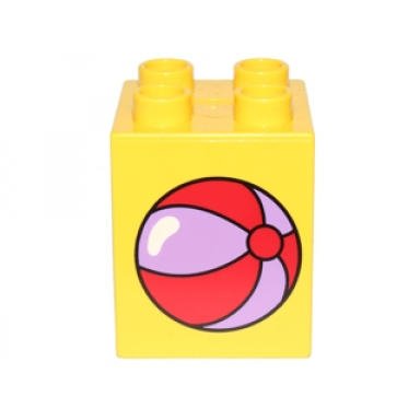 yellow duplo brick 2 x 2 x 2 with medium lavender and red beach ball pattern 10845