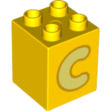 yellow duplo brick 2 x 2 x 2 with bright light yellow capital letter c with bright light orange outline pattern