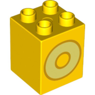 yellow duplo brick 2 x 2 x 2 with bright light yellow capital letter o with bright light orange outline pattern