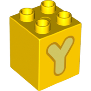 yellow duplo brick 2 x 2 x 2 with bright light yellow capital letter y with bright light orange outline pattern