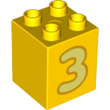 yellow duplo brick 2 x 2 x 2 with bright light yellow number 3 with bright light orange outline pattern