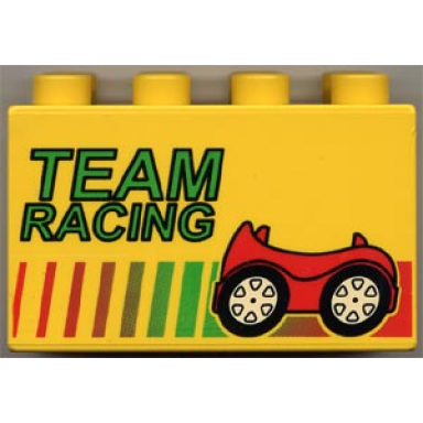 yellow duplo brick 2 x 4 x 2 with team racing stripes and red car pattern