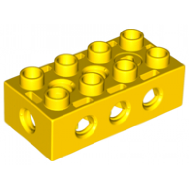 yellow duplo toolo brick 2 x 4 with holes on sides and top and 1 screw in top