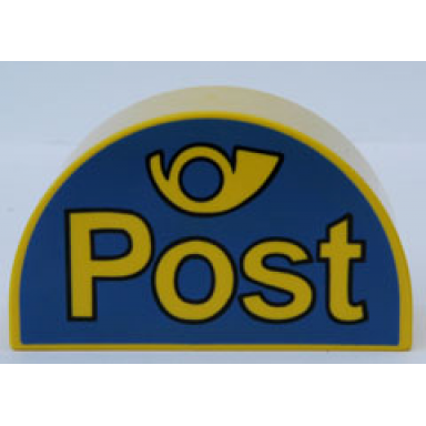yellow duplo brick 2 x 4 x 2 slope curved double with post and horn on blue background pattern