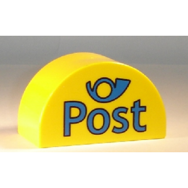 yellow duplo brick 2 x 4 x 2 slope curved double with blue post and horn pattern