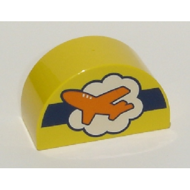 yellow duplo brick 2 x 4 x 2 slope curved double with orange airplane on white cloud and dark blue stripe pattern