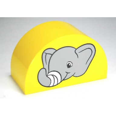 yellow duplo brick 2 x 4 x 2 slope curved double with light bluish gray elephant head with white bandage on trunk pattern