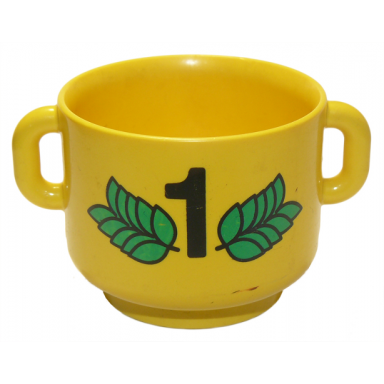 yellow duplo utensil kettle with open handles number 1 and green leaves pattern trophy top