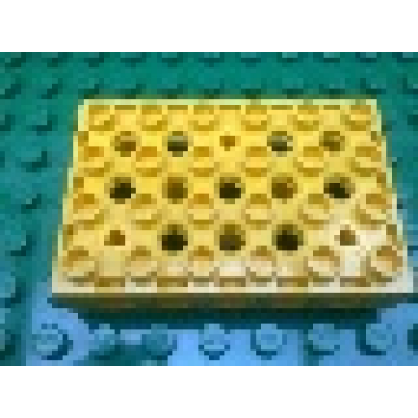 yellow duplo toolo brick 4 x 6 with holes on sides and top and 3 screws in top