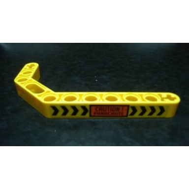 yellow technic liftarm modified bent thick 1 x 11.5 double with black chevrons and caution! parachute pattern sticker - set 8146