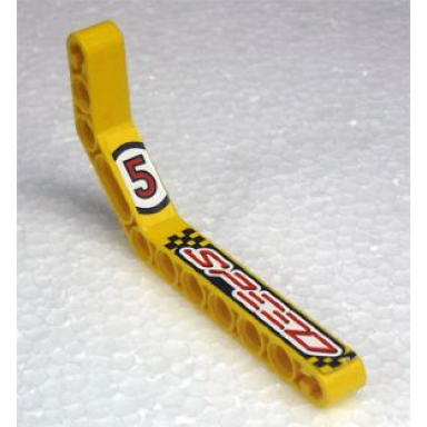 yellow technic liftarm modified bent thick 1 x 11.5 double with number 5 and speed pattern model left side stickers - set 8238