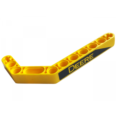 yellow technic liftarm modified bent thick 1 x 11.5 double with black stripe and yellow deere pattern model left side sticker - set 42136