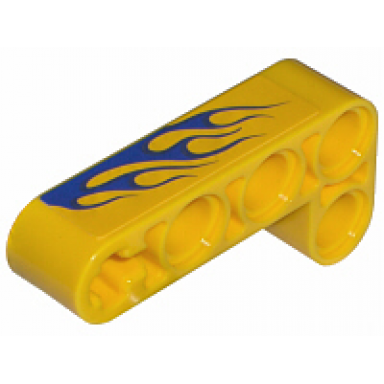 yellow technic liftarm modified bent thick l-shape 2 x 4 with blue flames pattern model left side sticker - set 8651