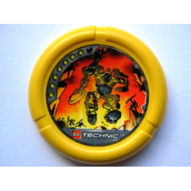 yellow throwing disk with throwbot blaster 7 pips lego technic logo and robot running pattern