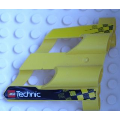 yellow technic panel fairing 1 large short large holes side a with checkered flags and lego technic logo pattern stickers - set 8445