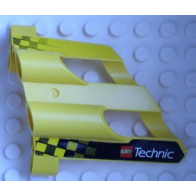 yellow technic panel fairing 2 large short large holes side b with checkered flags and lego technic logo pattern stickers - set 8445