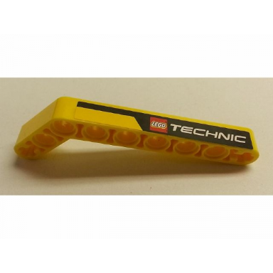 yellow technic liftarm modified bent thick 1 x 9 7 - 3 with black line and lego technic logo pattern model left side sticker - set 8265