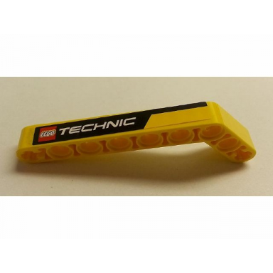 yellow technic liftarm modified bent thick 1 x 9 7 - 3 with black line and lego technic logo pattern model right side sticker - set 8265