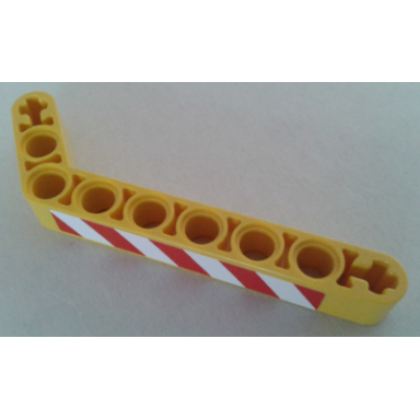yellow technic liftarm modified bent thick 1 x 9 7 - 3 with red and white danger stripes pattern model right sticker - set 8053