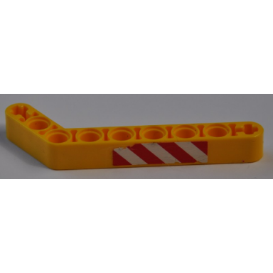 yellow technic liftarm modified bent thick 1 x 9 7 - 3 with red and white danger stripes pattern sticker - set 8421